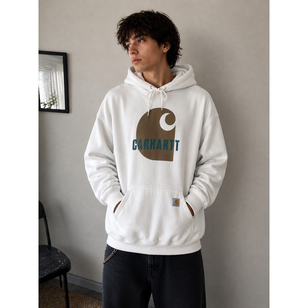 CARHARTT Hoodie Graphic Logo Streetwear Mens 2XL Tall White Loose Fit Sweatshirt - Picture 1 of 6
